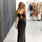 Black V-Neck Sleeveless Sheath Floor Length Prom Dress      fg5461