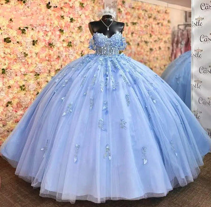 Sparkly Sky Blue Quinceanera Dress Ball Gown Appliques Beading Sequins Sweet 15 16 Dress      fg6627