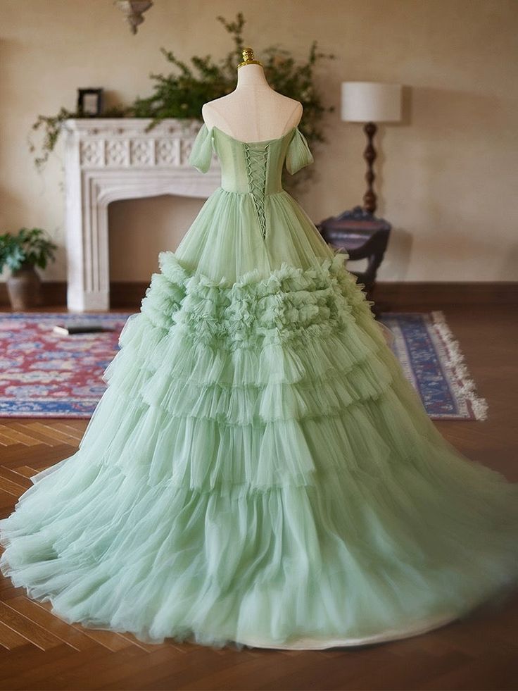 A-Line off Shoulder Tulle Green Long Prom Dress, Green Sweet 16 Dress      fg6744