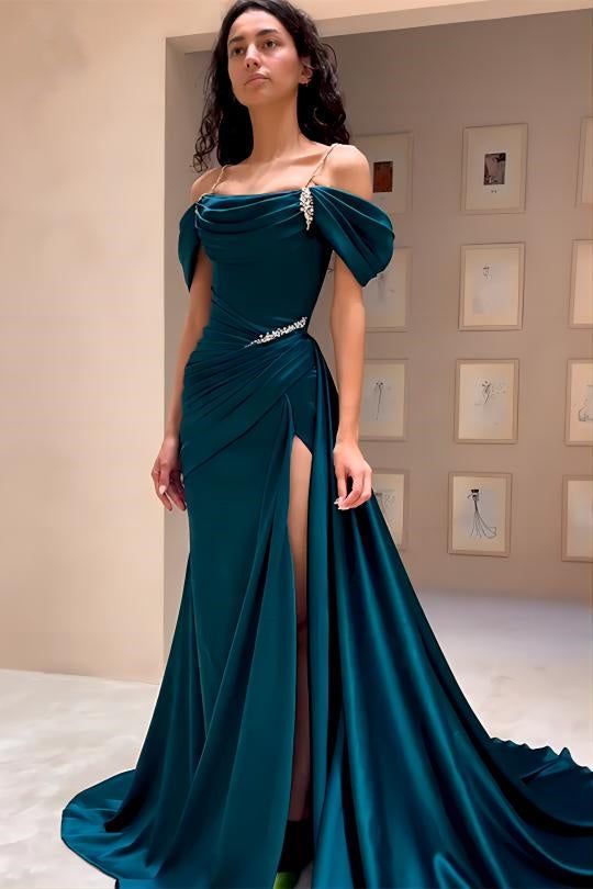 High Quality Off The Shoulder Dark Green Satin Prom Dresses Beaded Evening Gown       fg6209