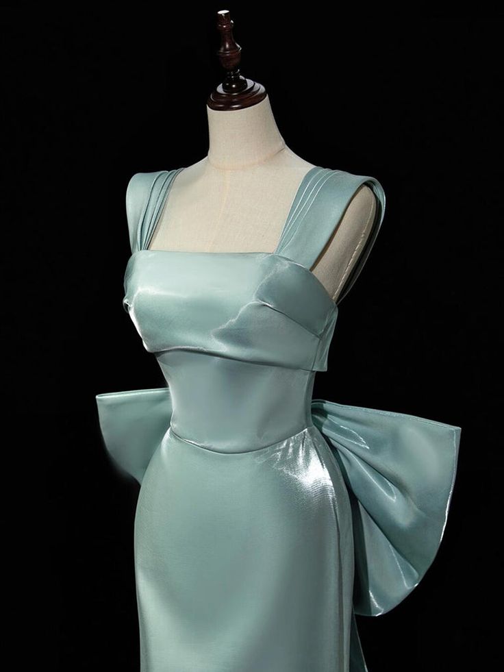 Simple Satin Bow Tie Green Long Prom Dress, Green Long Formal Dress       fg6091