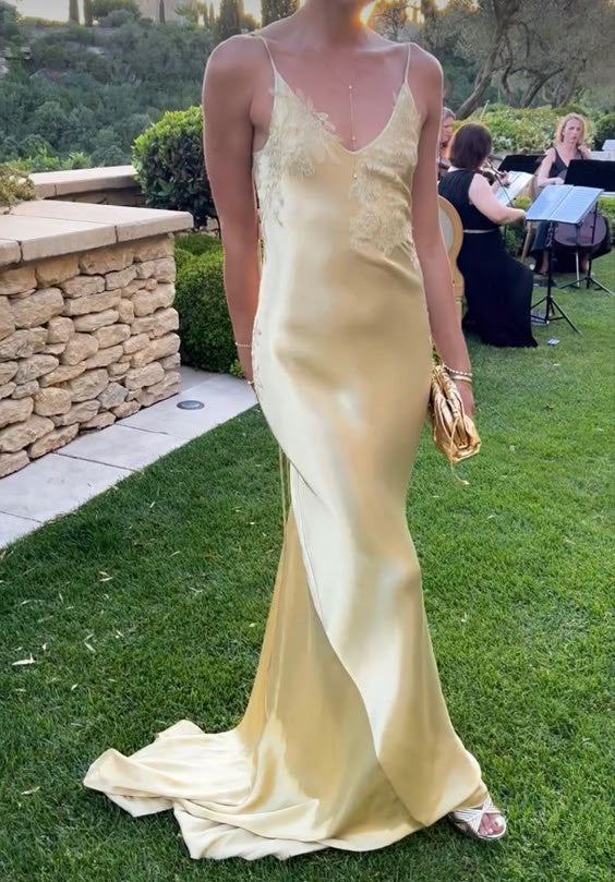 Yellow satin backless long prom evening dresses        fg6718