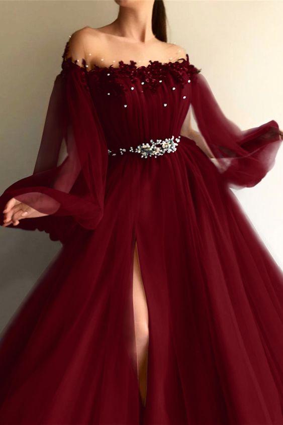 Chic Off-the-Shoulder Long Sleeves Elegant Evening Dresses With Beads       fg6551