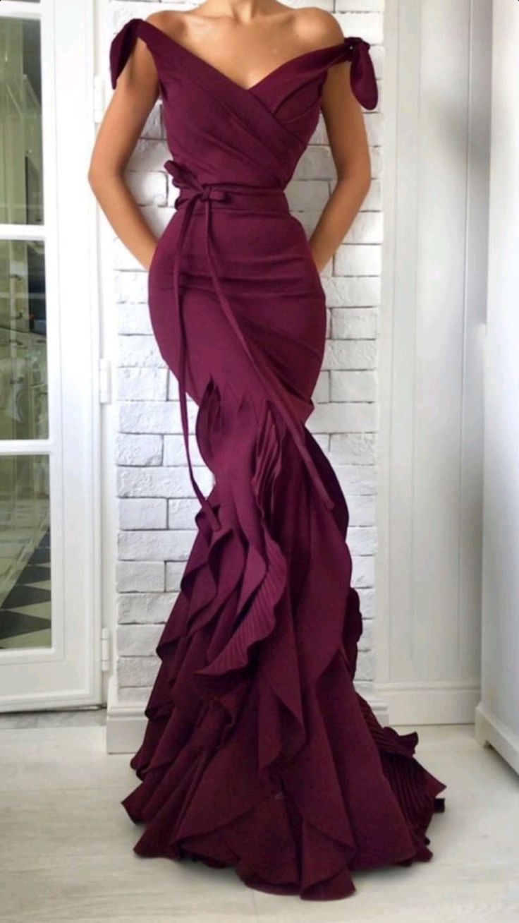 V-Neck Off Shoulder Evening Gown with Elegant Bow Tie at Waist         fg6329