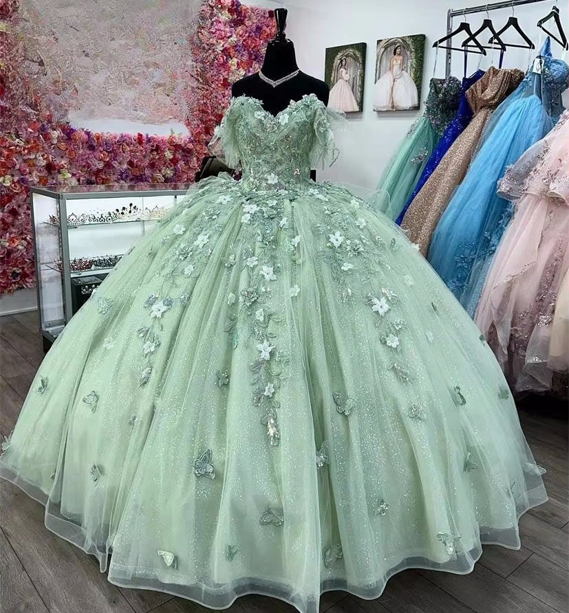 Green Quinceanera Dresses Ball Gown Off The Shoulder Tulle Appliques Sweet 16 Dresses        fg6683