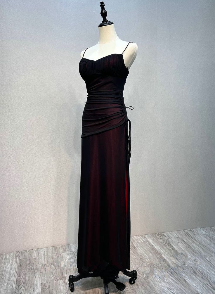 Black And Red Mermaid Straps Long Evening Dress, Long Prom Dress With Leg Slit          fg6203