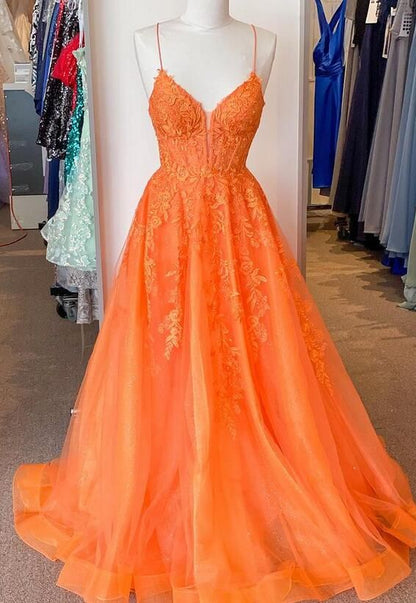 Orange Straps Lace/Tulle Long Prom Dress         fg6486