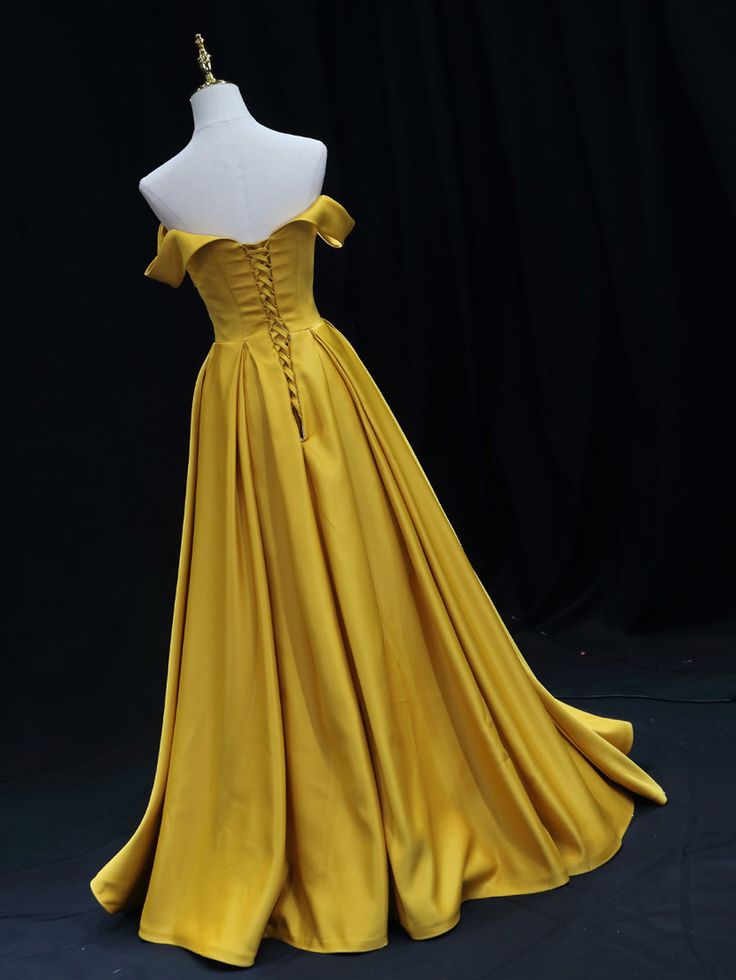 Simple Off Shoulder Yellow Satin Long Prom Dress, Yellow Formal Evening Dress       fg6749