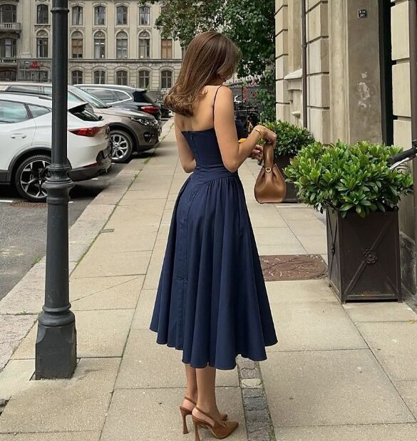 Elegant Spaghetti Strap Midi Dress A Line Party Dresses Navy Blue Casual Birthday Holiday Dress      fg6543