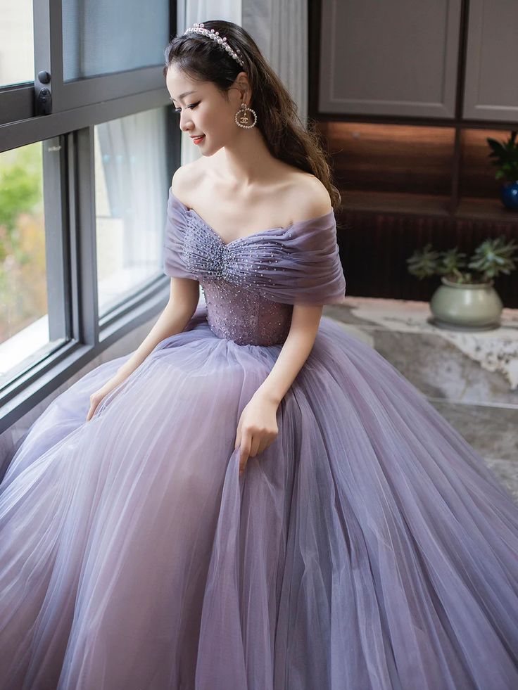 Purple A-Line Off Shoulder Tulle Beading Long Prom Dress    fg6712