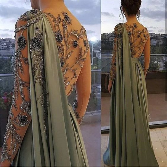 Evening Dresses One Shoulder Full Length Satin A Line Long Sleeves Formal Party Dress Prom Gown       fg6768