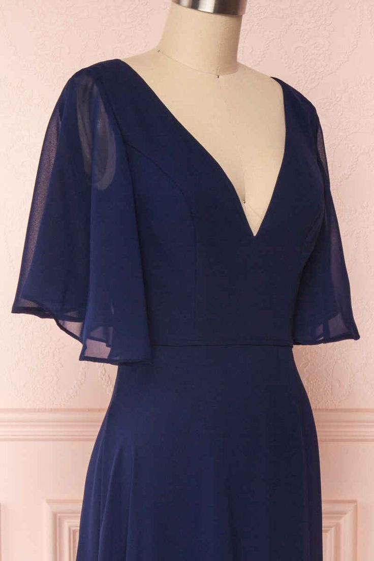 Navy Blue Chiffon V-Neck Ruffled Sleeve Long Bridesmaid Dress           fg6390