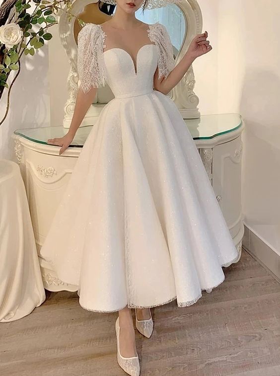 A-line Tea Length Lace Wedding Dresses With Short Sleeves       fg6418