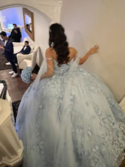 Light Blue Appliques Tulle Lace Quinceanera Dress Ball Gown     fg6061