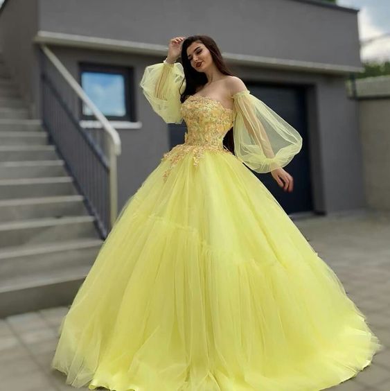 A line Tulle Long Prom Dress, Yellow Ball Gown Evening Dress     fg6047