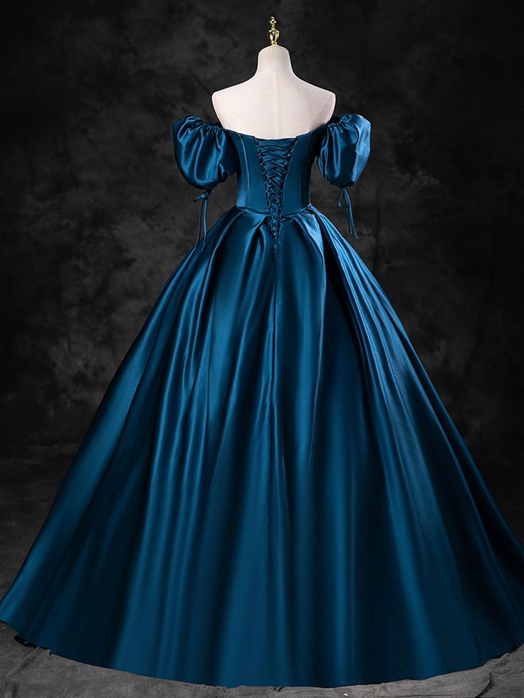 Blue Satin Off the Shoulder Floor Length Prom Dress, Blue A-Line Party Dress        fg6764