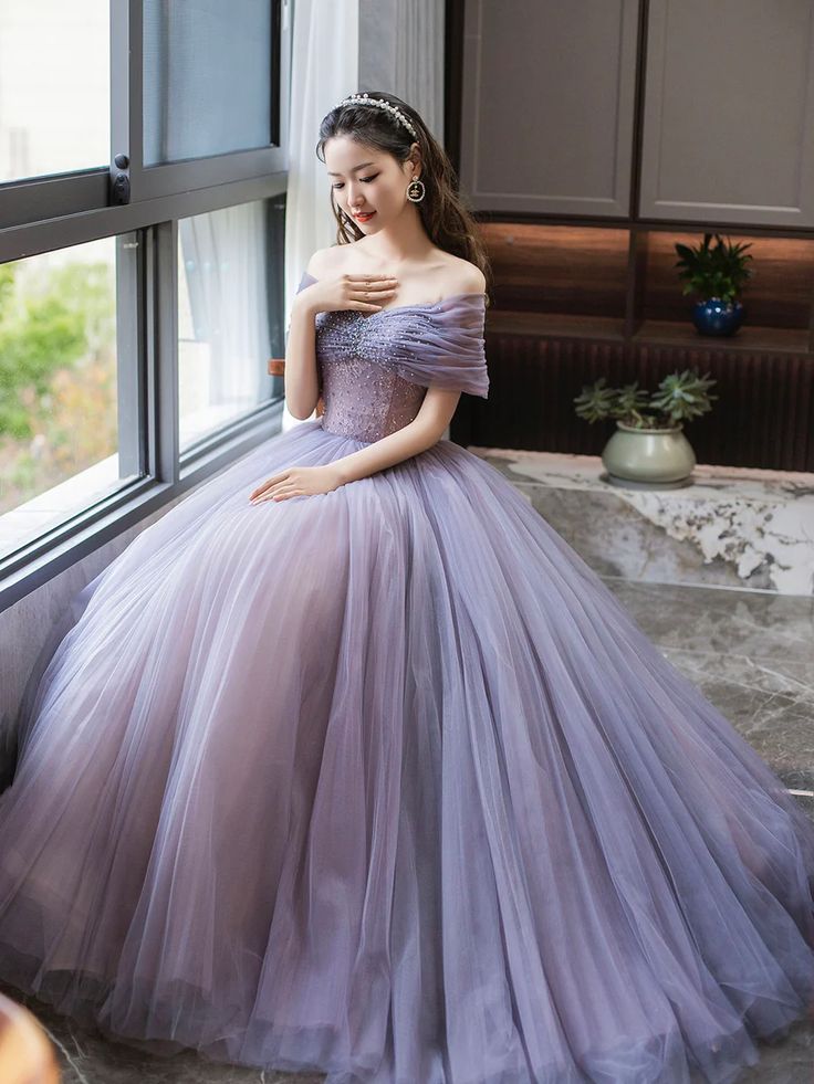 Purple A-Line Off Shoulder Tulle Beading Long Prom Dress    fg6712