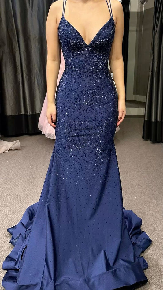 Mermaid Navy Blue Long Formal Dress Prom Party Evening Dresses     fg7683