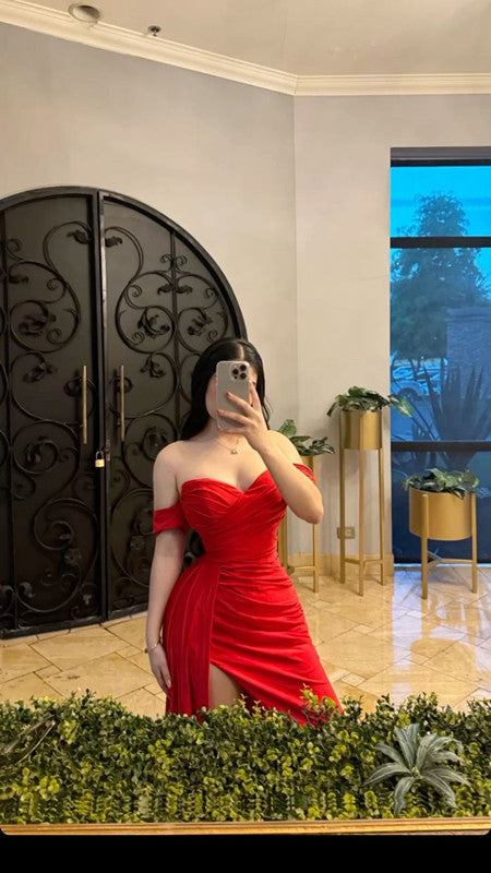 Red Off Shoulder Evening Party Dress With Slit      fg6522