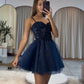 A-Line Sweetheart Neck Tulle Lace Short Prom Dress, Dark Blue Homecoming Dress       fg5872