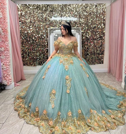 Quinceanera Dresses Off The Shoulder Ball Gown Gold Floral Appliques Handmade Flowers Lace Sweet 15 Party Dresses      fg5547