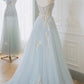 Blue Tulle Lace Long Prom Dress, A-Line Strapless Evening Dress      fg5690