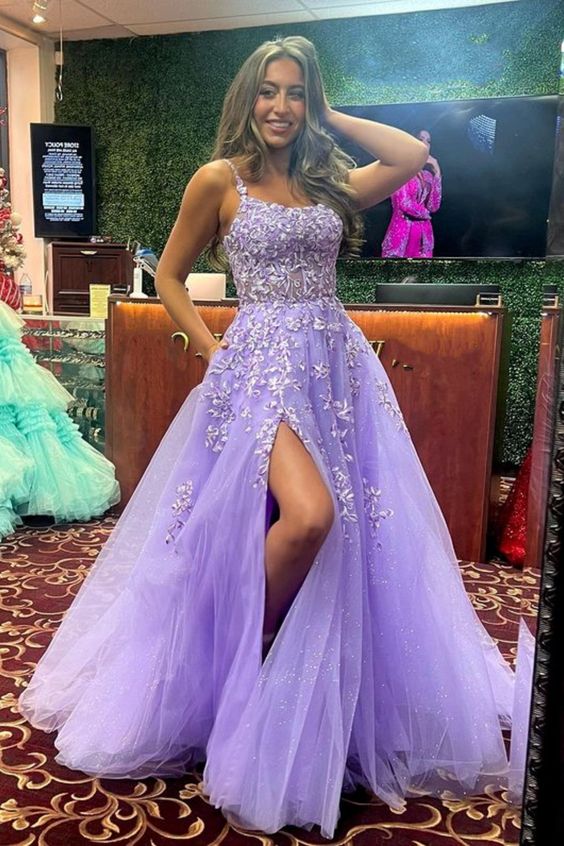 Shiny Purple Lace Long Prom Dress with High Slit, Purple Lace Formal Dress, Purple Evening Dress       fg6217