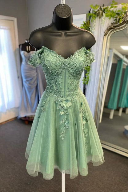 Off Shoulder Sage Green Lace Prom Dresses, Short Sage Lace Homecoming Dresses, Sage Formal Evening Dresses      fg5956