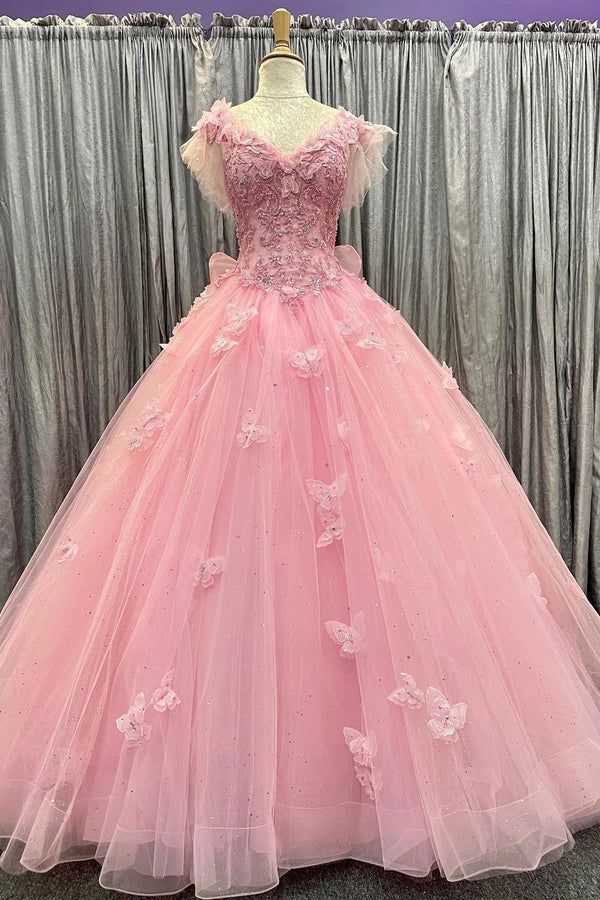 Pink Tulle 3D Floral Lace Bow-Back Ball Gown with Flutter Sleeves        fg6489