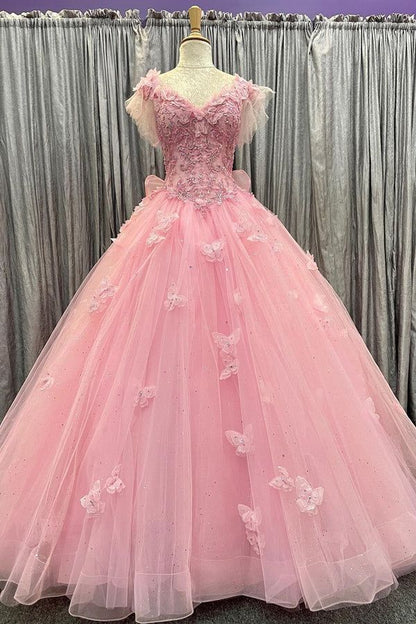 Pink Tulle 3D Floral Lace Bow-Back Ball Gown with Flutter Sleeves        fg6489