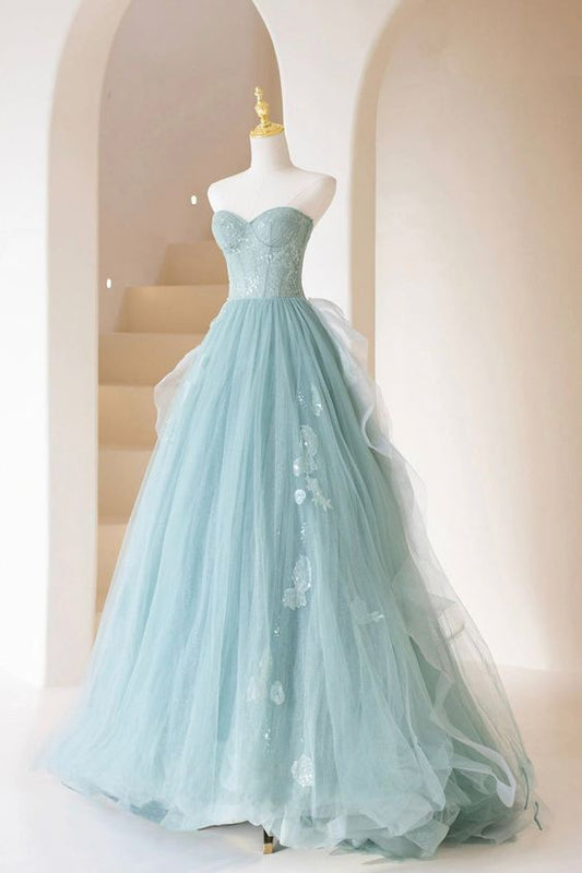 Cute Tulle Strapless Long Prom Dress, A-Line Lace Formal Evening Dress       fg5441