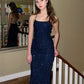 Formal Navy Blue Sequins Mermaid Long Evening Prom Dresses, Custom Spaghetti Straps Prom Dress      fg5598