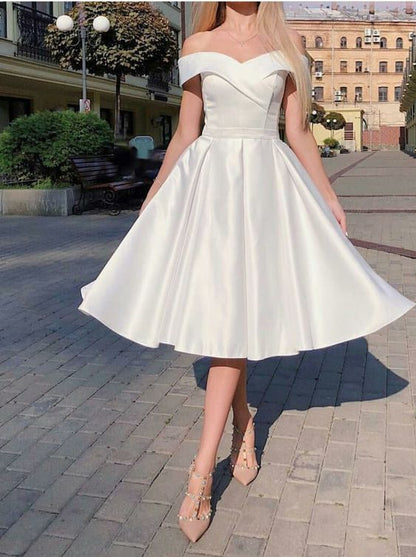 WHITE OFF SHOULDER SATIN PROM DRESS WHITE EVENING DRESS     fg5607