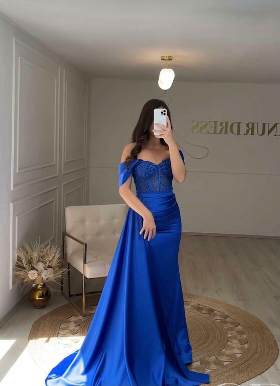 Royal Blue Evening Dresses Sweetheart Side Split Long Sexy Mermaid Satin Evening Dress Zipper Luxury Formal Party Dress    fg5512