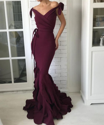 V-Neck Off Shoulder Evening Gown with Elegant Bow Tie at Waist         fg6329