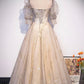 Champagne Tulle Sequins Long Prom Dress, Cute 1/2 Sleeve Party Dress      fg5450