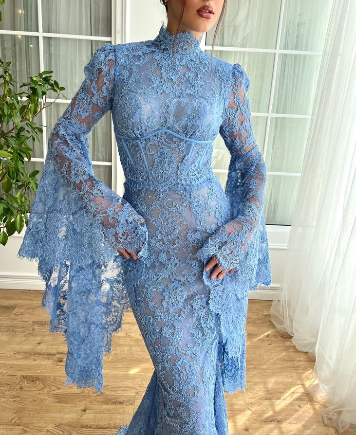 High Neck Mermaid Evening Dress for Women Flare Sleeves Blue Lace Long Prom Dresses   fg7571