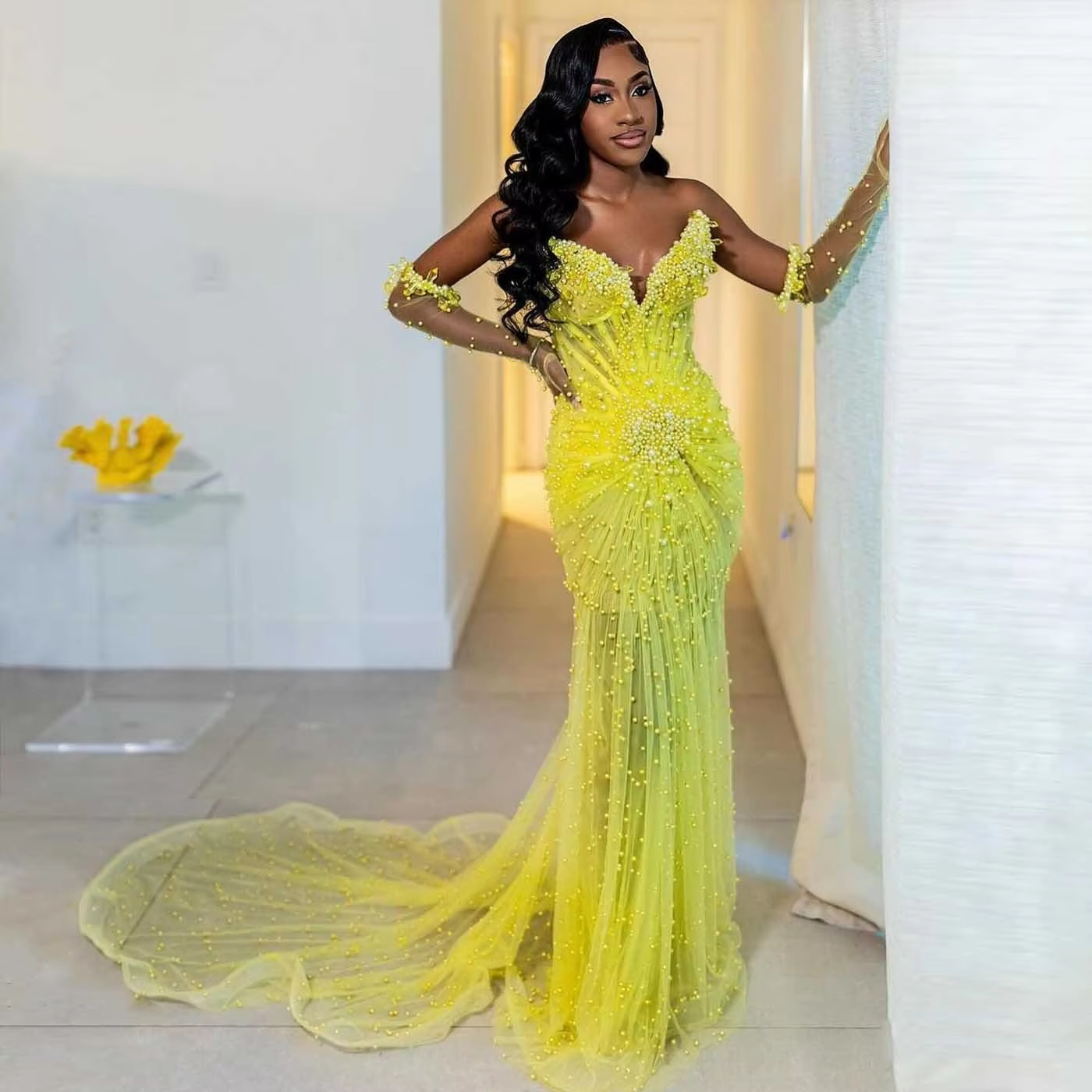 Yellow Luxury Pearls Prom Dresses With Detachable Sleeves Gloves Black Girls V Neck Formal Evening Dress Long Party Dress    fg6962