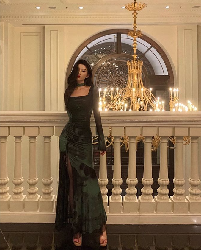 Chic Sheath Square Neckline Long Sleeves Green Long Prom Dresses Birthday Dress         fg7033