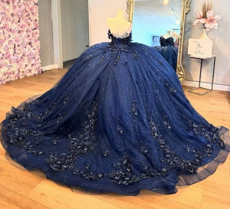 Mexico Navy Quinceanera Dress Ball Gown Floral Appliques Beaded Crystal Corset Sweet 16 Vestido De 15 Anos       fg6839