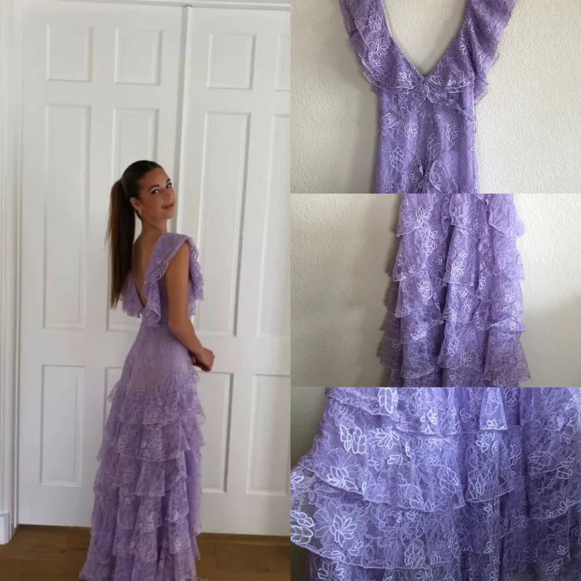 Lilac Lace Long prom dress Evening Gown Party Dress     fg3249