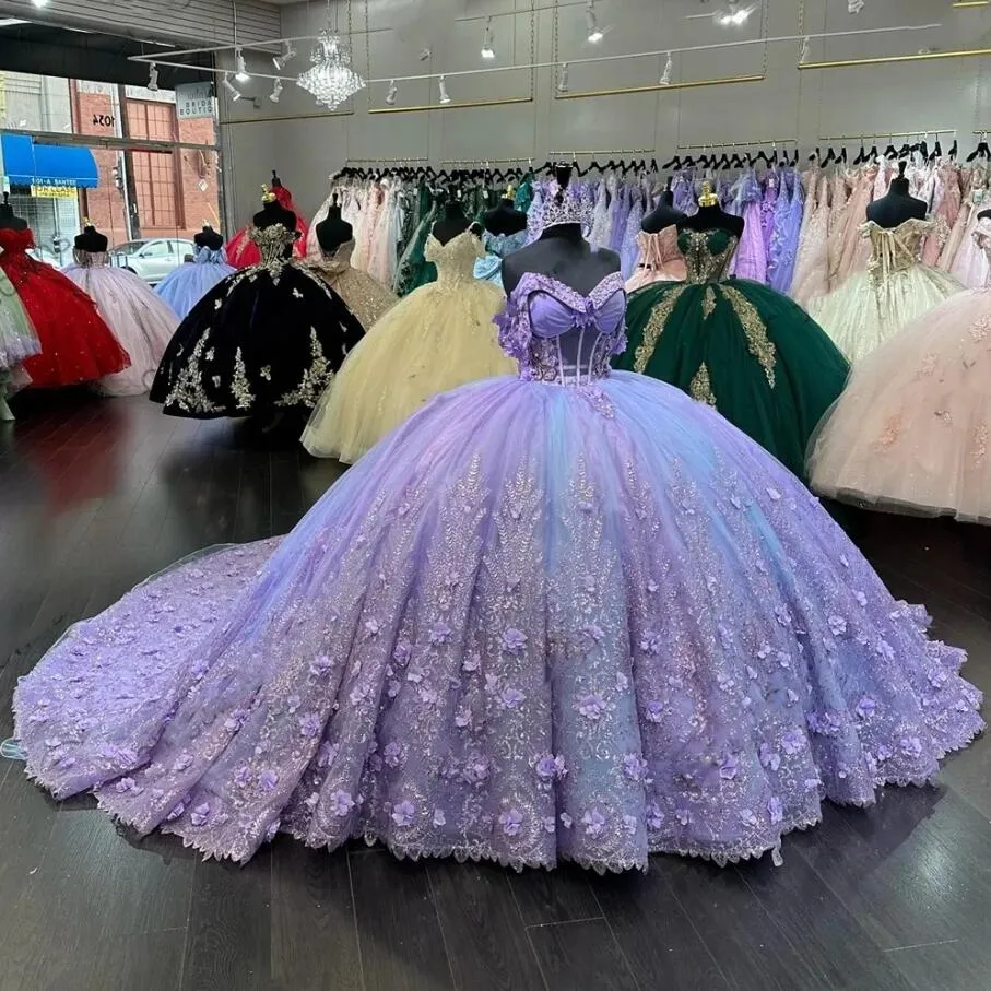 Mexico Purple Sweetheart Quinceanera Dress Beaded Appliques Corset Prom Dress 3D Flowers Ball Gown Sweet 16 Robe De Bal    fg6842