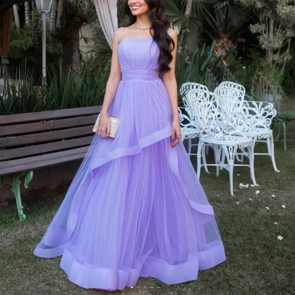 Lavender Tulle Long Dresses Wedding Party Ruffles Strapless  Prom Dresses Formal Occasion Dress     fg6856