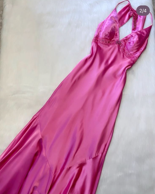 hot pink prom dress Vintage V Neck Long Party Dress     fg6831