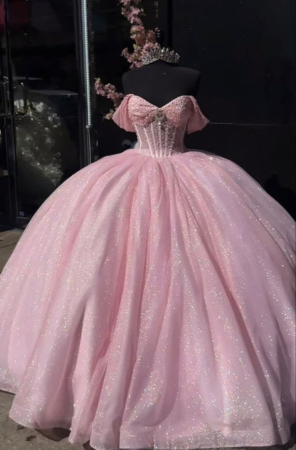 Glitter Pearls Pink Quinceanera Dresses Ball Gowns Sweet 15 16 Birthday Dress      fg4882