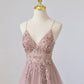 Pink V-Neck Tulle Long Prom Dress with Beaded, Pink Spaghetti Strap Evening Dress      fg5180