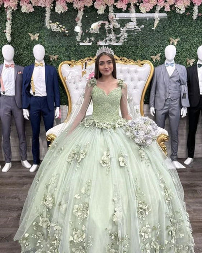 Light Green Ball Gown Quinceanera Dresses High Quality 15 Party Dresses 3D Flower Princess Quinceanera Dresses       fg4353