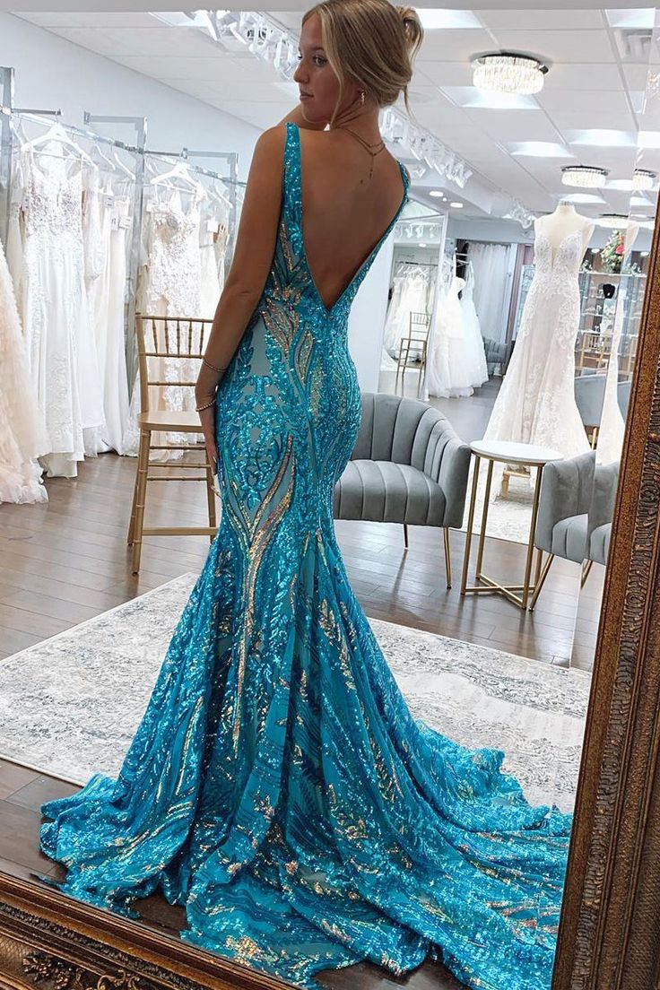 Sparkly Mermaid Deep V Neck Blue & Gold Sequins Lace Long Prom Dresses      fg4611