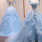 A-Line Sweetheart Neck Off Shoulder Tulle Lace Blue Long Prom Dress, Blue Sweet 16 Dress   fg5338