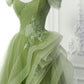 Green A-Line Off Shoulder Long Prom Dress, Green Lace Long Evening Dress       fg4922